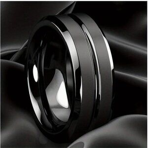 Men's Black Grooved Stainless Steel Wedding Band Ring